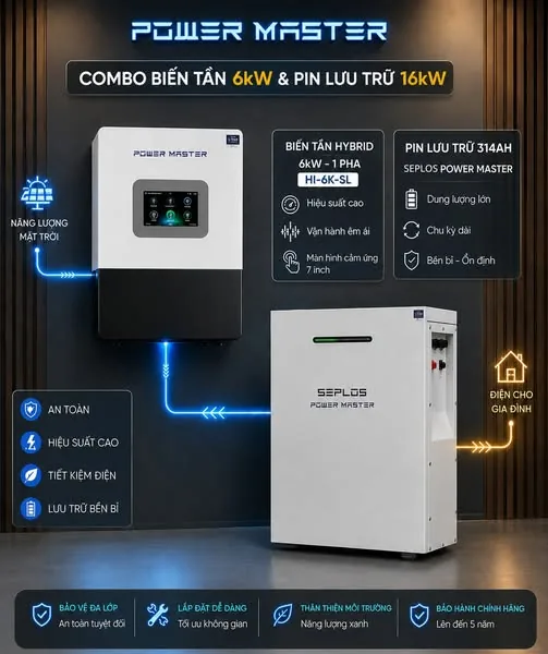 Combo biến tần 6 kW và pin lưu trữ 16 kWh Powermaster